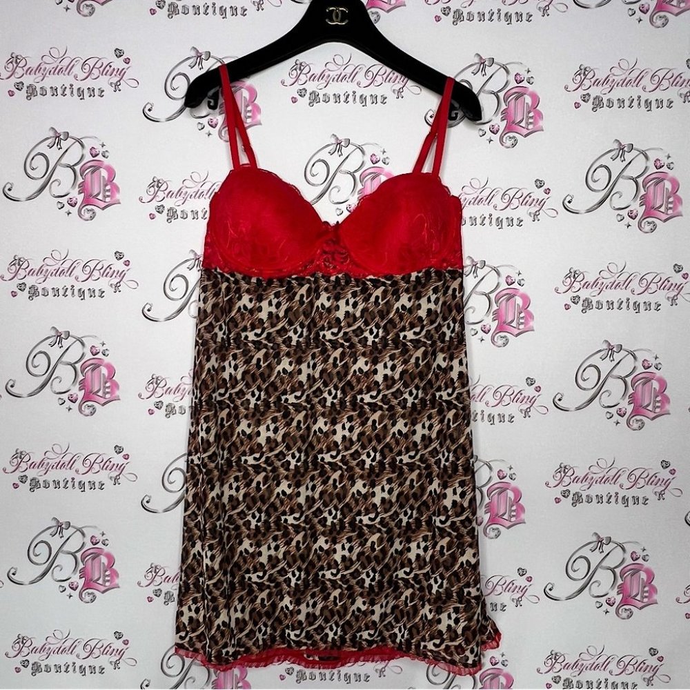 Elegance babydoll cheetah print animal print red lace sexy bustier dress y2k